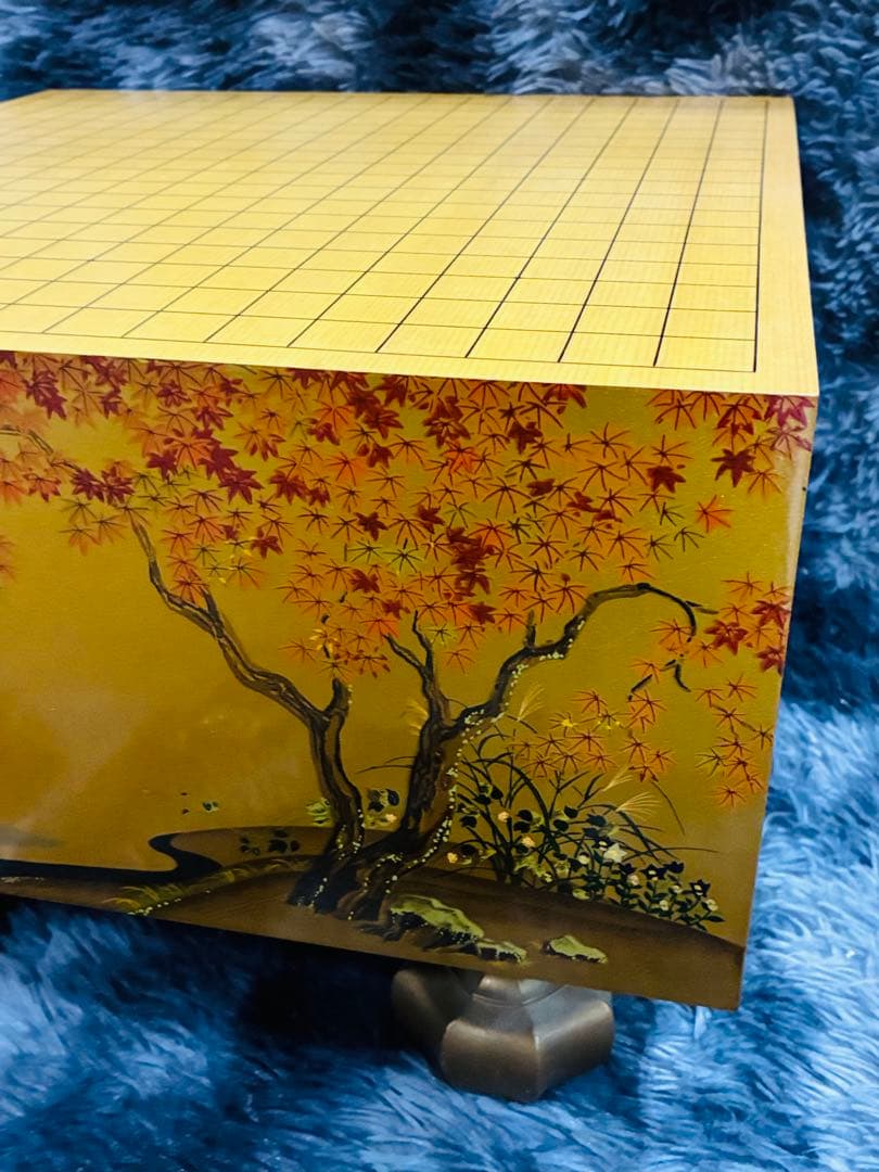 【野畑直子】作 金地漆絵四季花鳥図碁盤 碁笥 本蛤那智黒碁石 約42x45cm