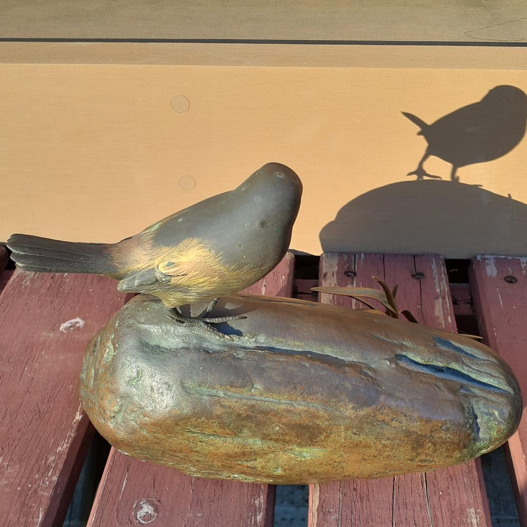 アンティーク　鋳銅製　岩上に文鳥　オブジェ　ブロンズ　時代物　コレクション