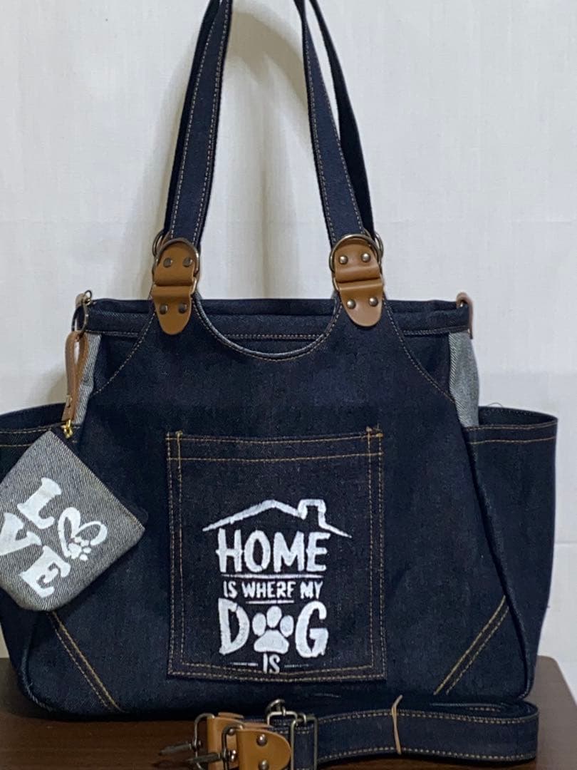 ☆ハンドメイド☆岡山デニム☆黒柴犬☆4wayあおりバッグ