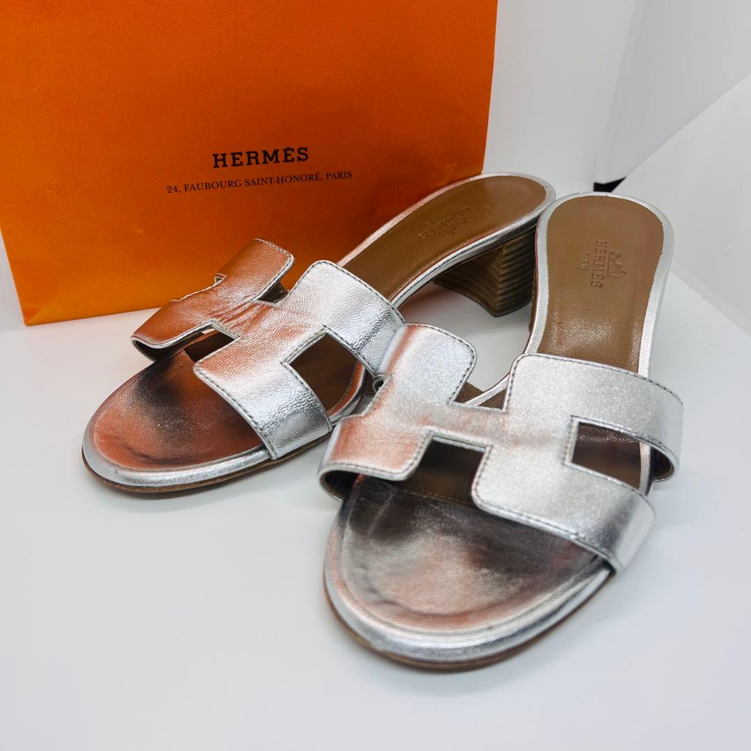 HERMES シルバー レザー ミュール ヒール　Hロゴ　オアジス　サンダル