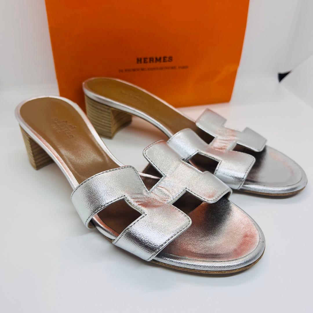 HERMES シルバー レザー ミュール ヒール　Hロゴ　オアジス　サンダル