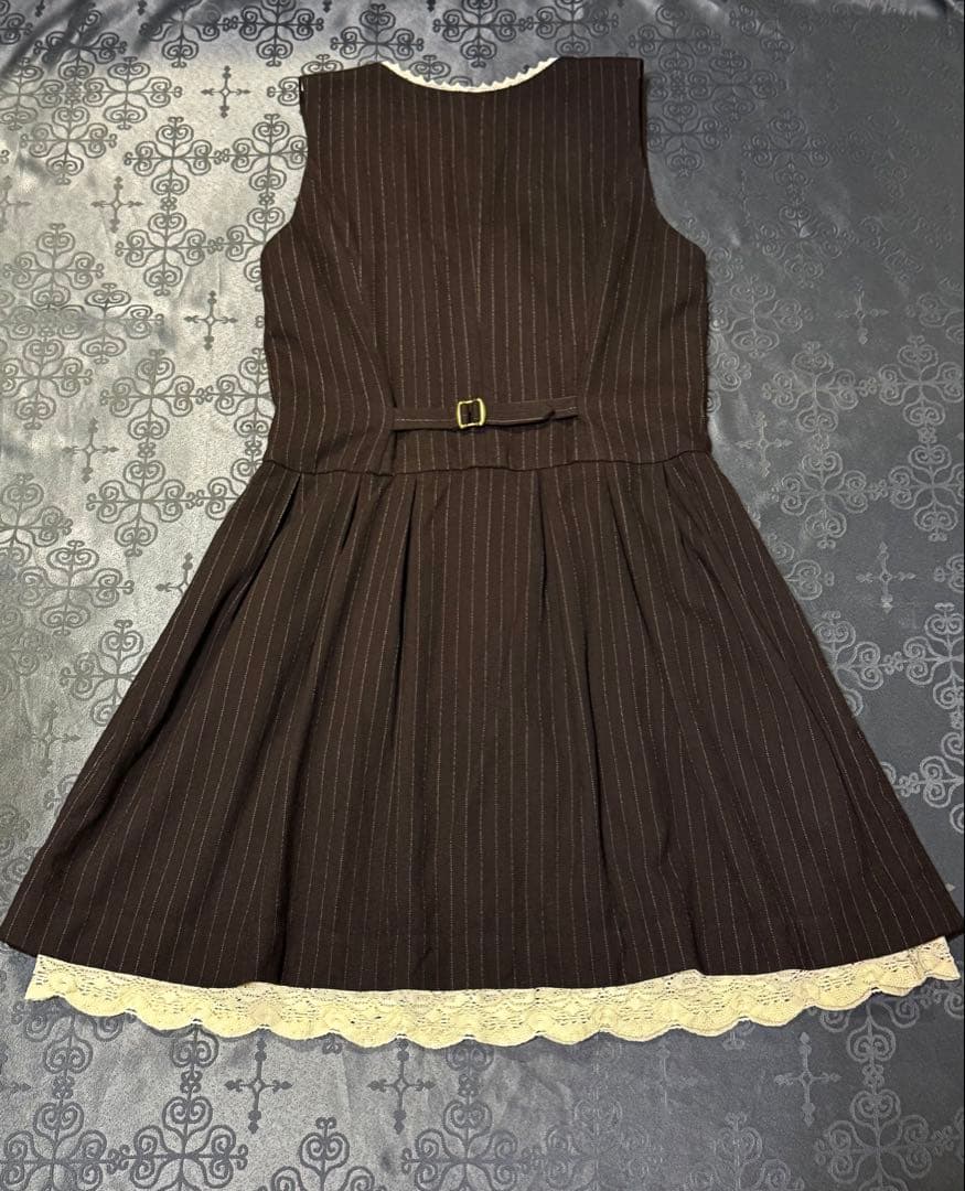 JaneMarpleストライプウールのベストワンピース　ブラウン　レース JSK