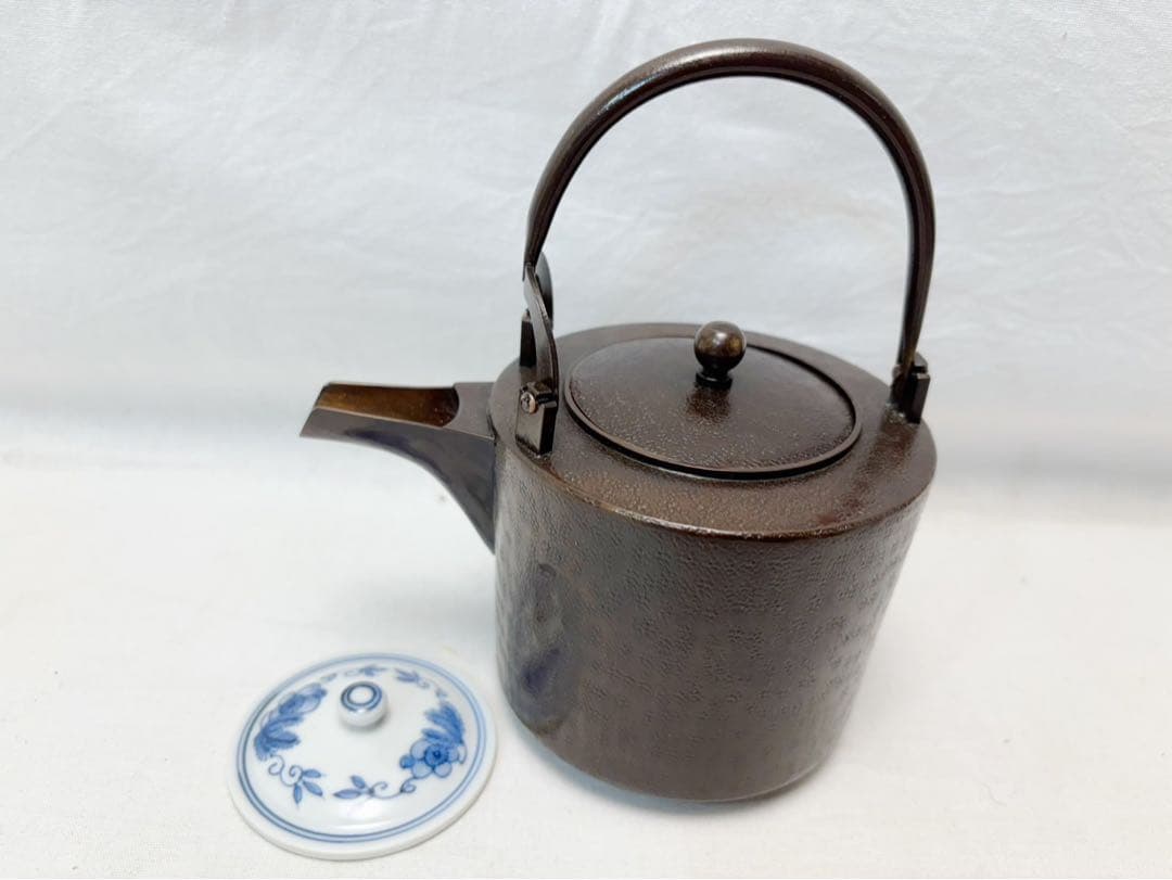 未使用 茶道具 金工師 宗禅造 鎚起 銅製 銚子 染付替蓋付 共箱