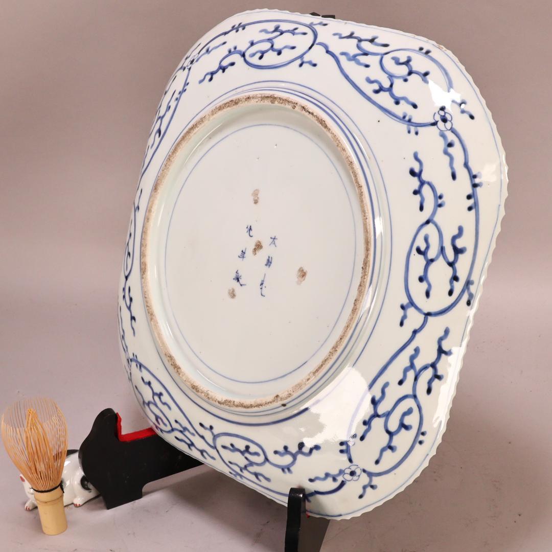 BK304　江戸期　肥前焼　古伊万里　大明成化年製　牡丹鳳凰角切刺身鉢　37㎝