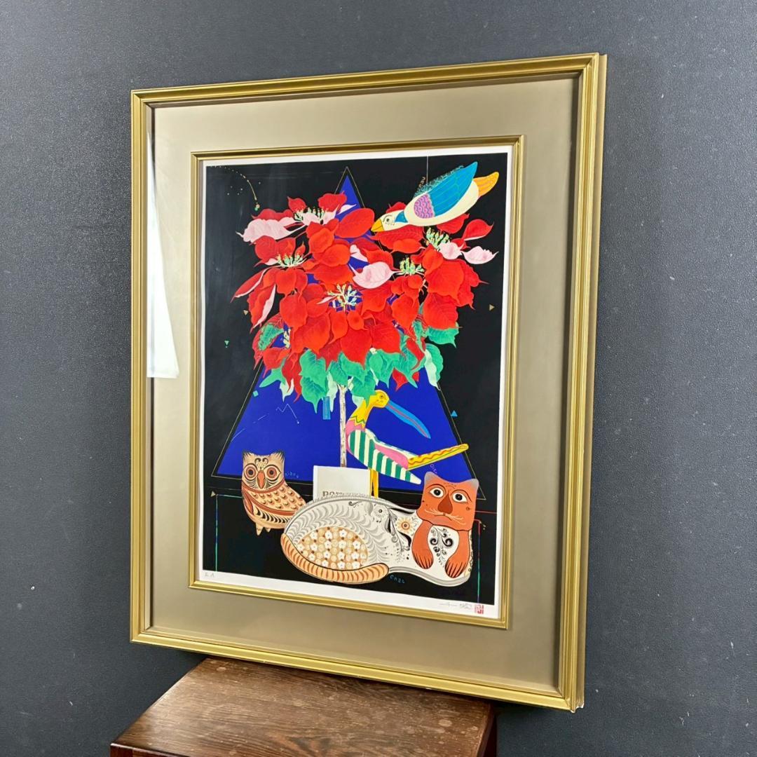 中島千波「ポインセチア」リトグラフ 直筆サイン・落款有 額縁入り 日本画家 猫