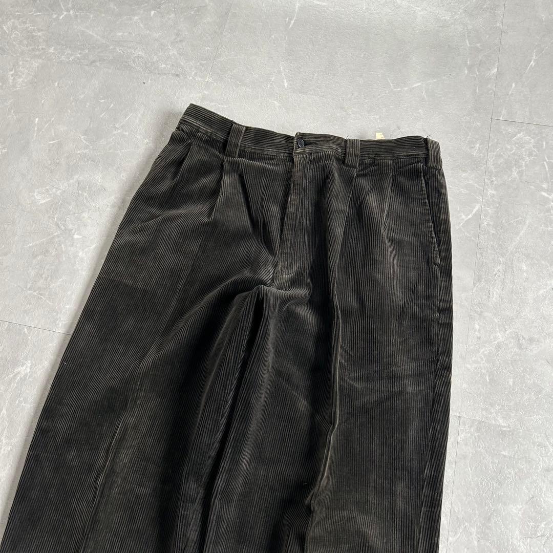 90s OLD コーデュロイ ツータックスラックス 太畝 古着 ワイド 黒 M