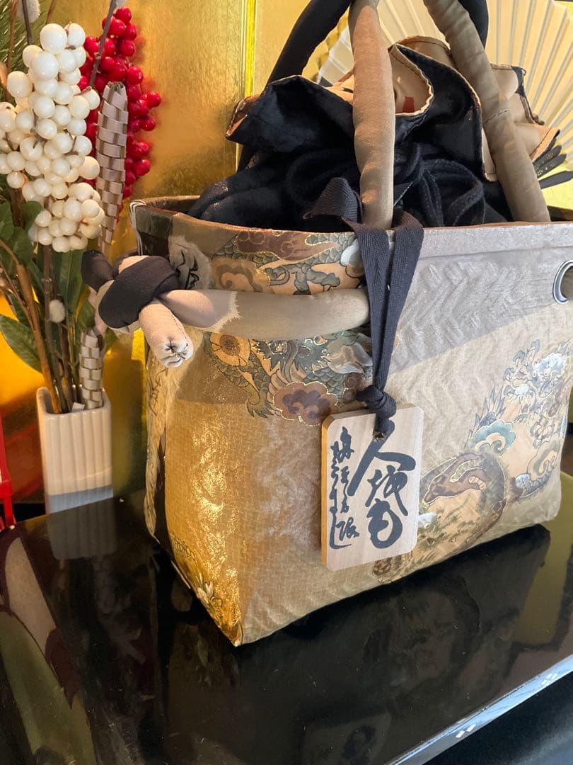 一閑張り　一閑張りバッグ　浮世絵　雲龍　古文書　和紙　竹籠　古布大正　着物　龍