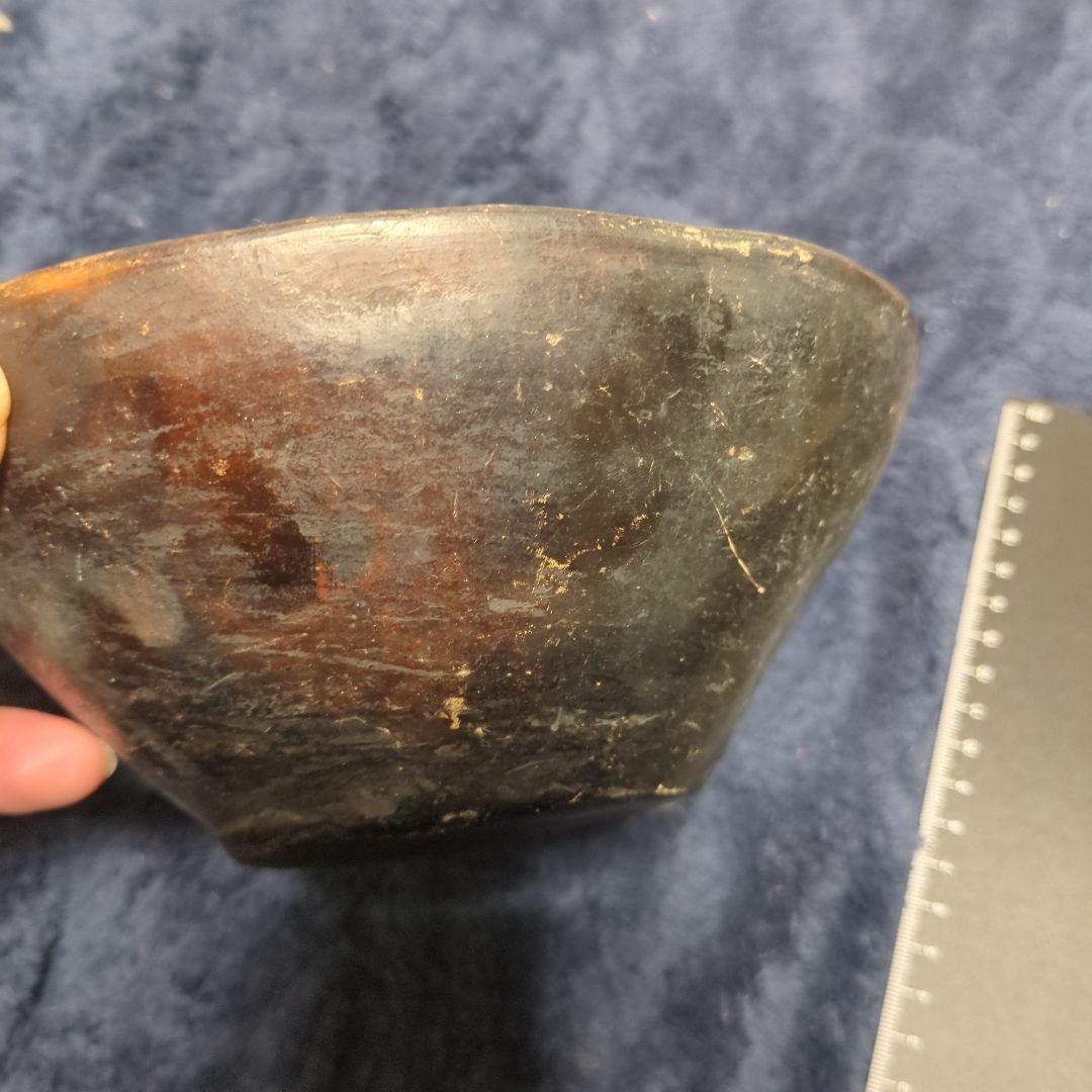 南米 黒色陶器皿 茶色模様 アンティーク