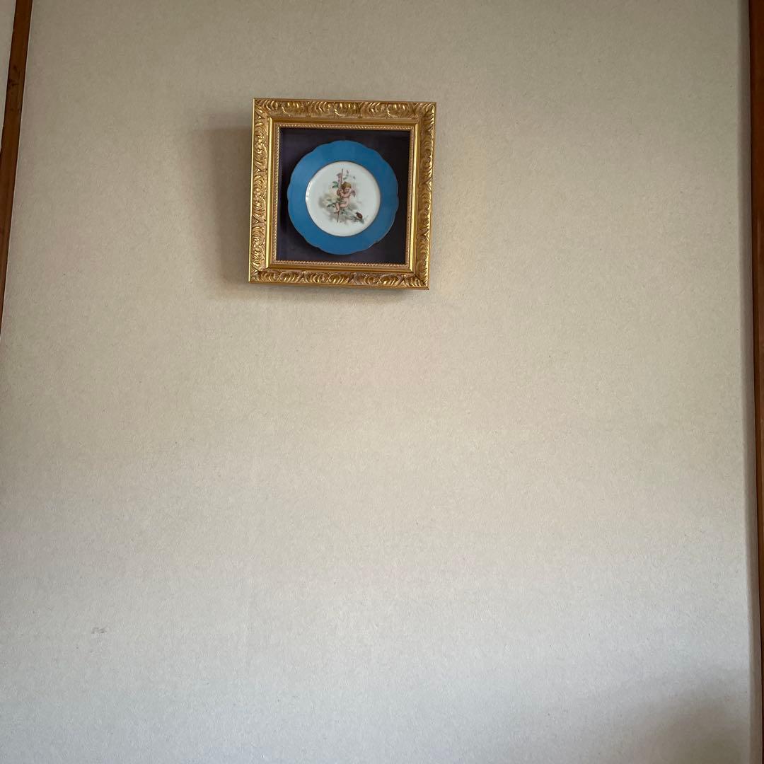 アンティークの額 青い天使の絵柄陶器プレート