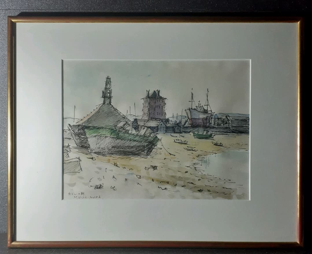 【真筆保証】西村正次筆　水彩肉筆　4号　『カマレの朝』額装　安井展　みずゑ賞候補