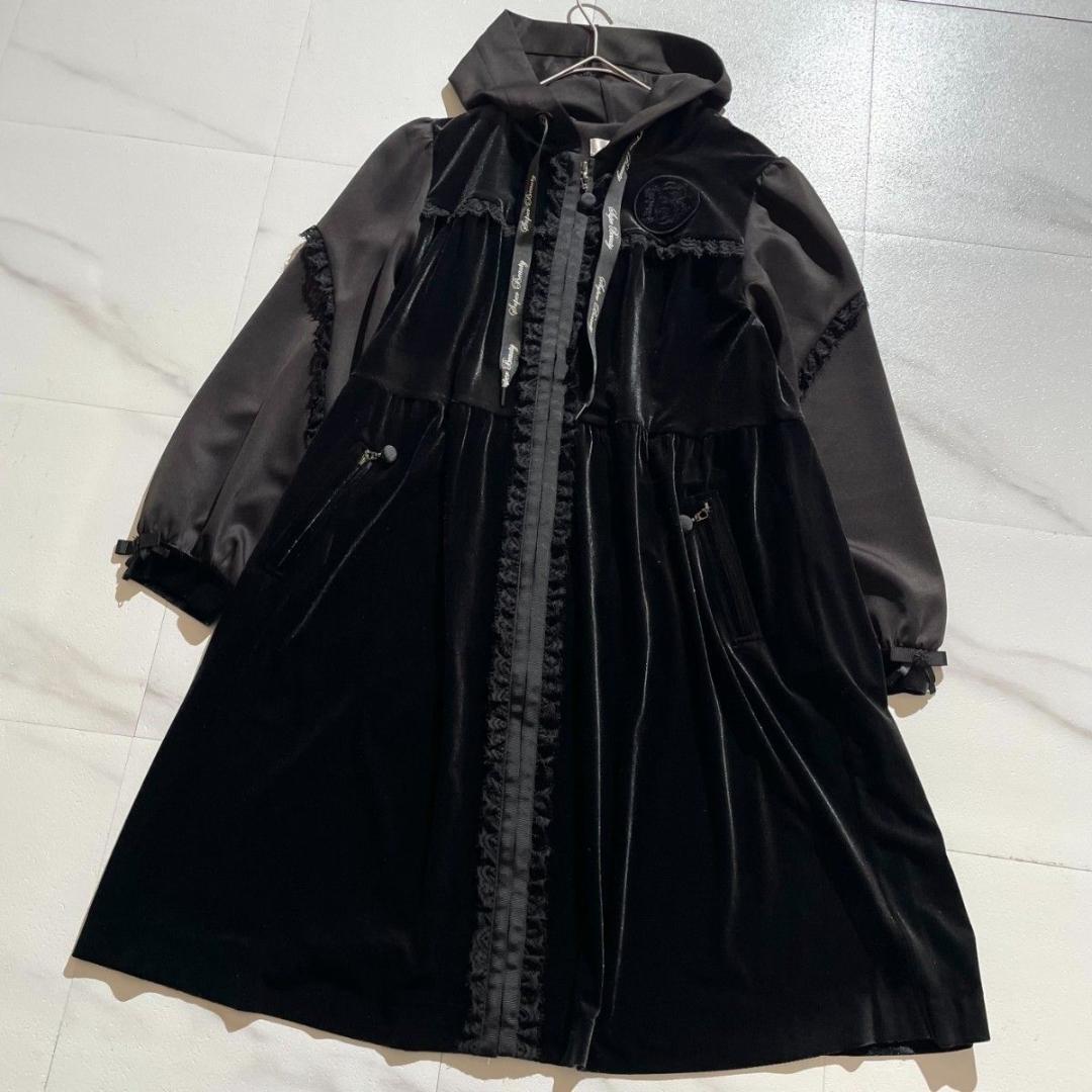 スーパービューティー　ワンピース　ロングパーカー　ベロア　リボン　黒 長袖