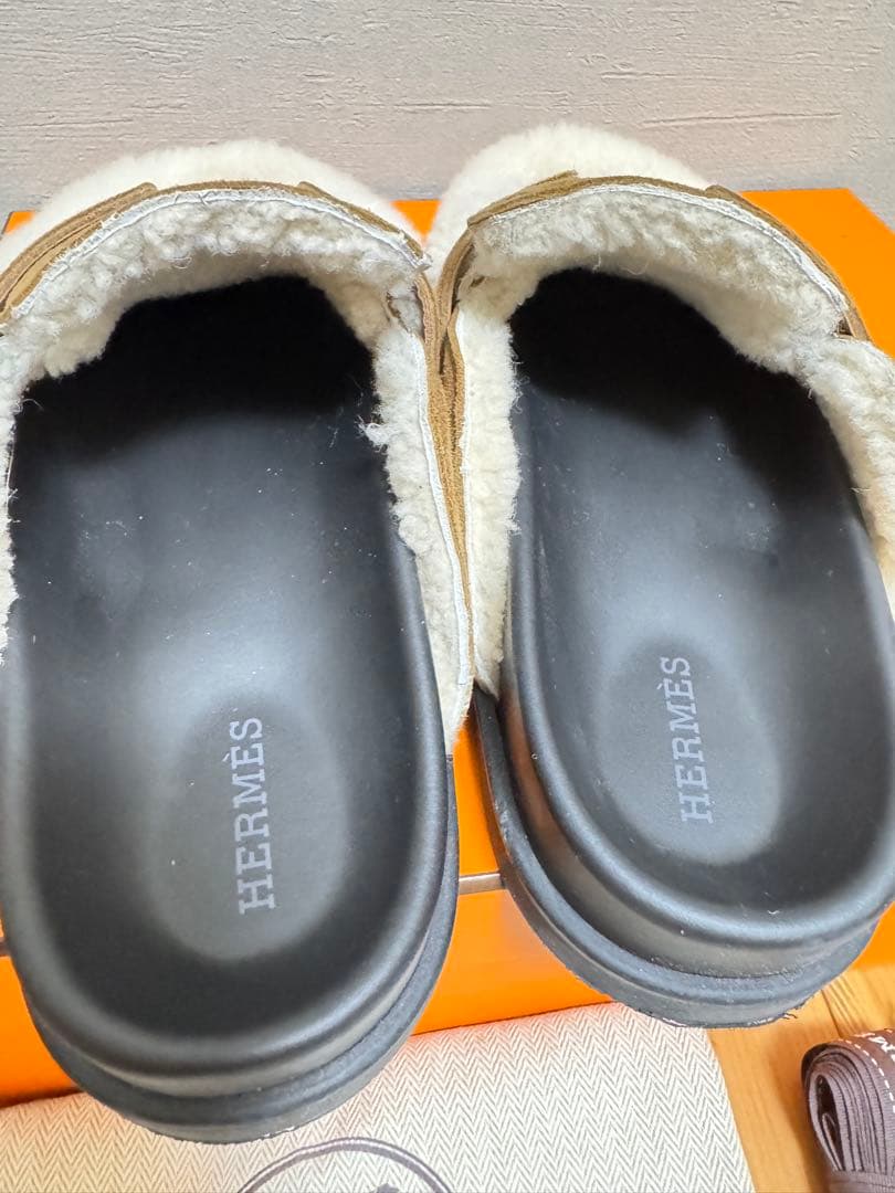 エルメス サンダル 37.5 ミュール ゴー ムートン ブラウン 24.5cm