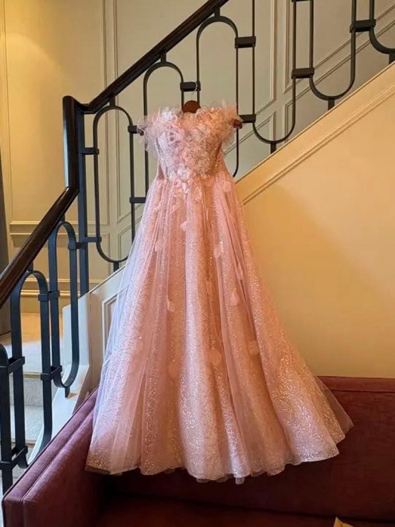 【美品】オフショルダー フラワー装飾 ロングドレス ピンク