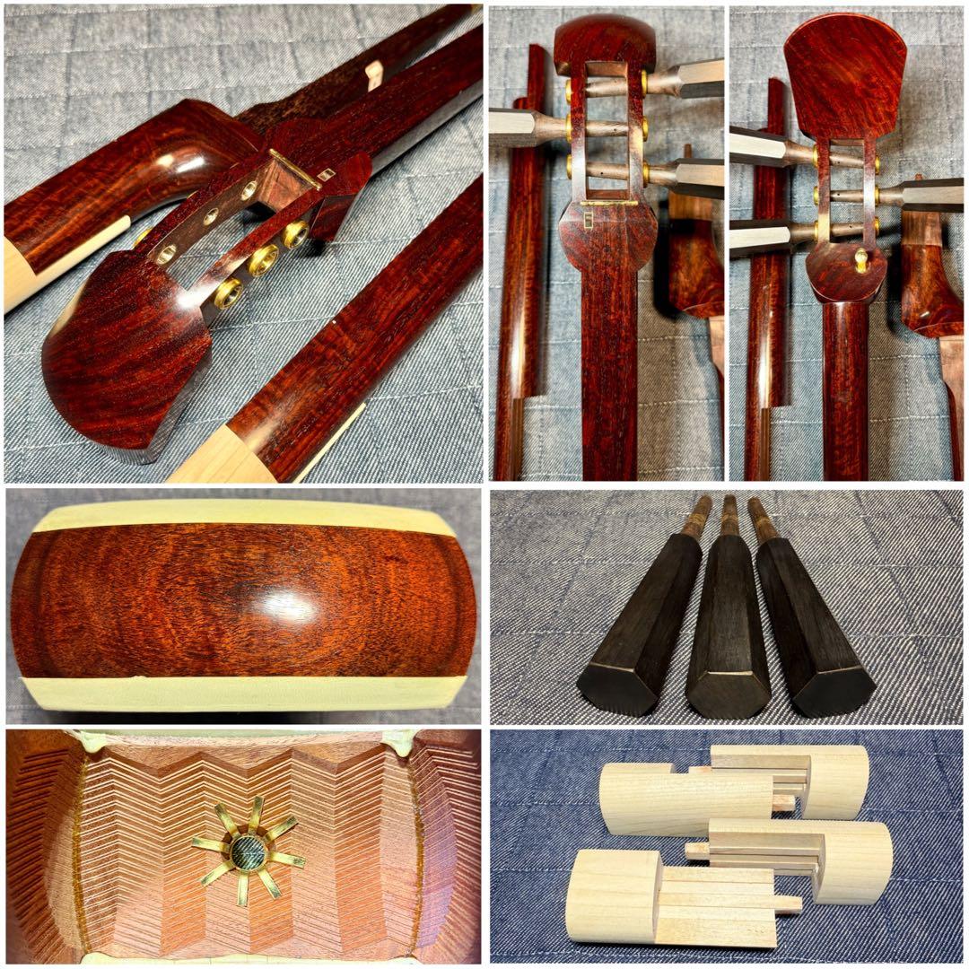 【虎縮杢・極】特上 津軽三味線 子持綾杉 仮継付 本黒檀糸巻 美品 太棹 三味線