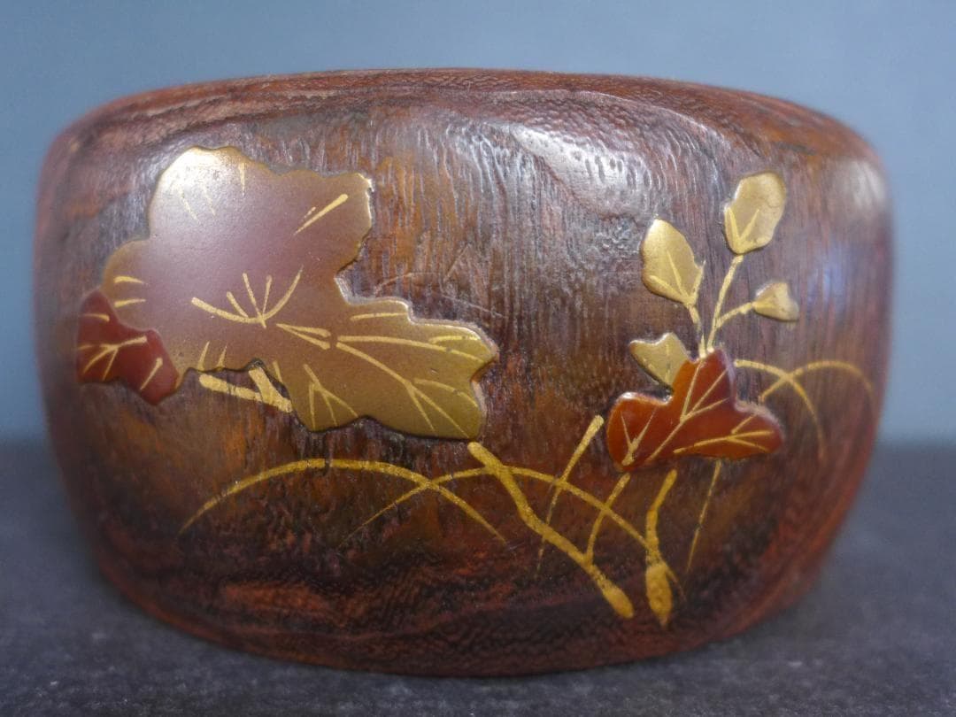 時代物　小型手あぶり火鉢　桑の木一刀彫 蒔絵　古道具　アンティーク　骨董