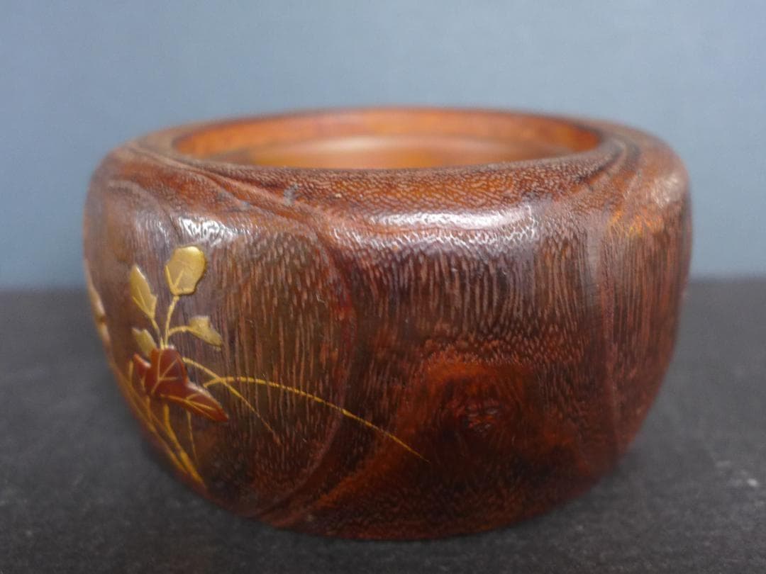 時代物　小型手あぶり火鉢　桑の木一刀彫 蒔絵　古道具　アンティーク　骨董