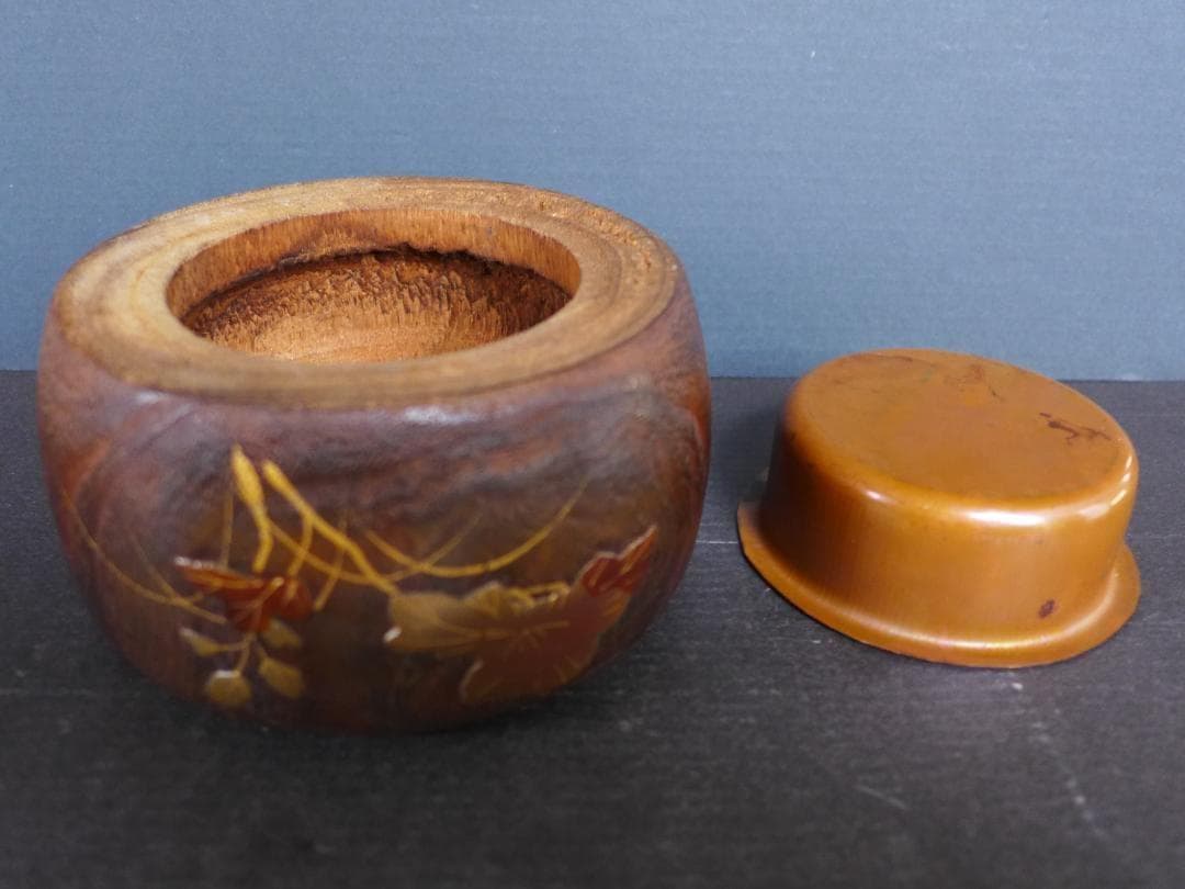 時代物　小型手あぶり火鉢　桑の木一刀彫 蒔絵　古道具　アンティーク　骨董
