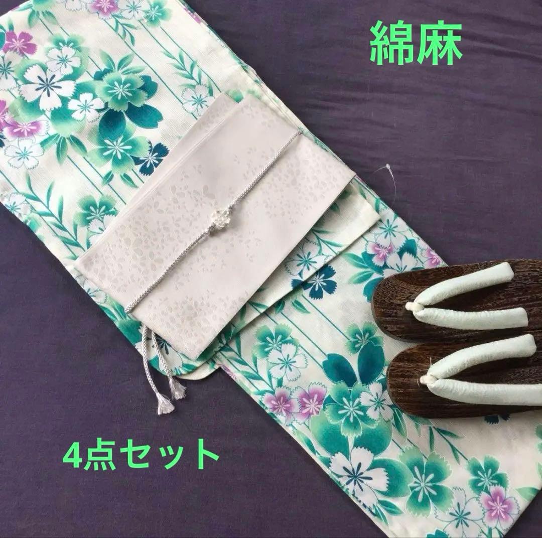 帯飾り付 高級綿麻浴衣 盛夏 淡緑にふわり桜花 浴衣4点セット