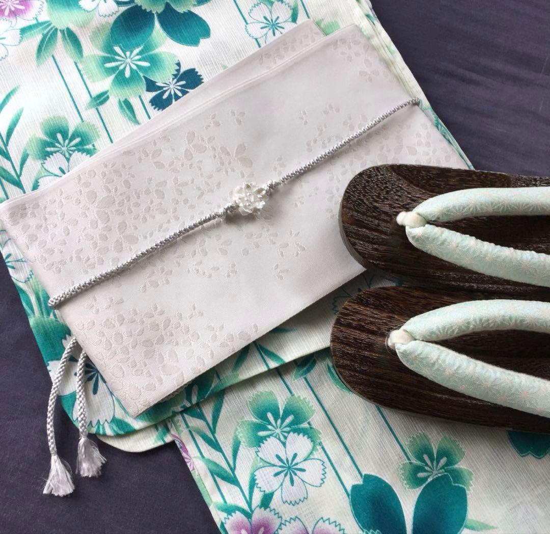 帯飾り付 高級綿麻浴衣 盛夏 淡緑にふわり桜花 浴衣4点セット