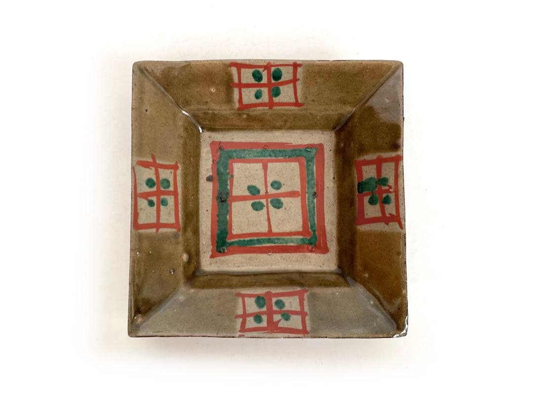 人間国宝　陶芸家　濱田庄司　浜田庄司　赤絵皿　識箱　菓子皿　四方皿