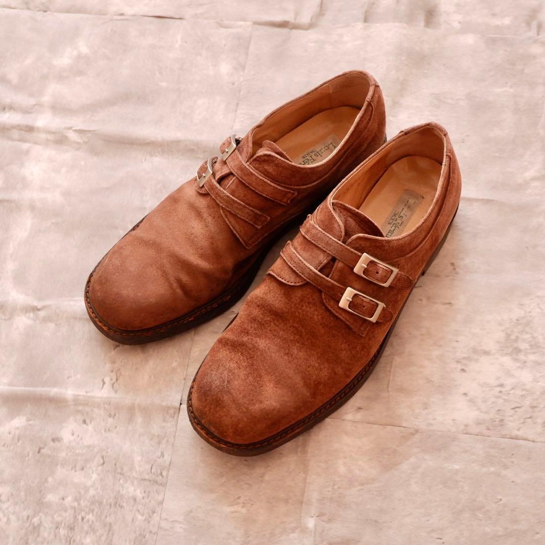 70s 80s ダブルモンク スエード 革靴 バックル フランス 26.5