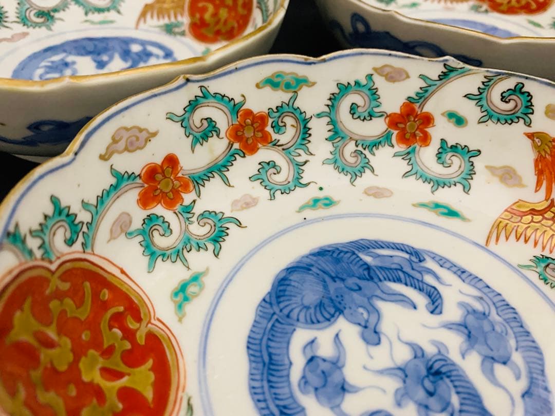 錦手金彩色絵　花唐草　龍　鳳凰　なます皿　5客　伊万里　時代皿