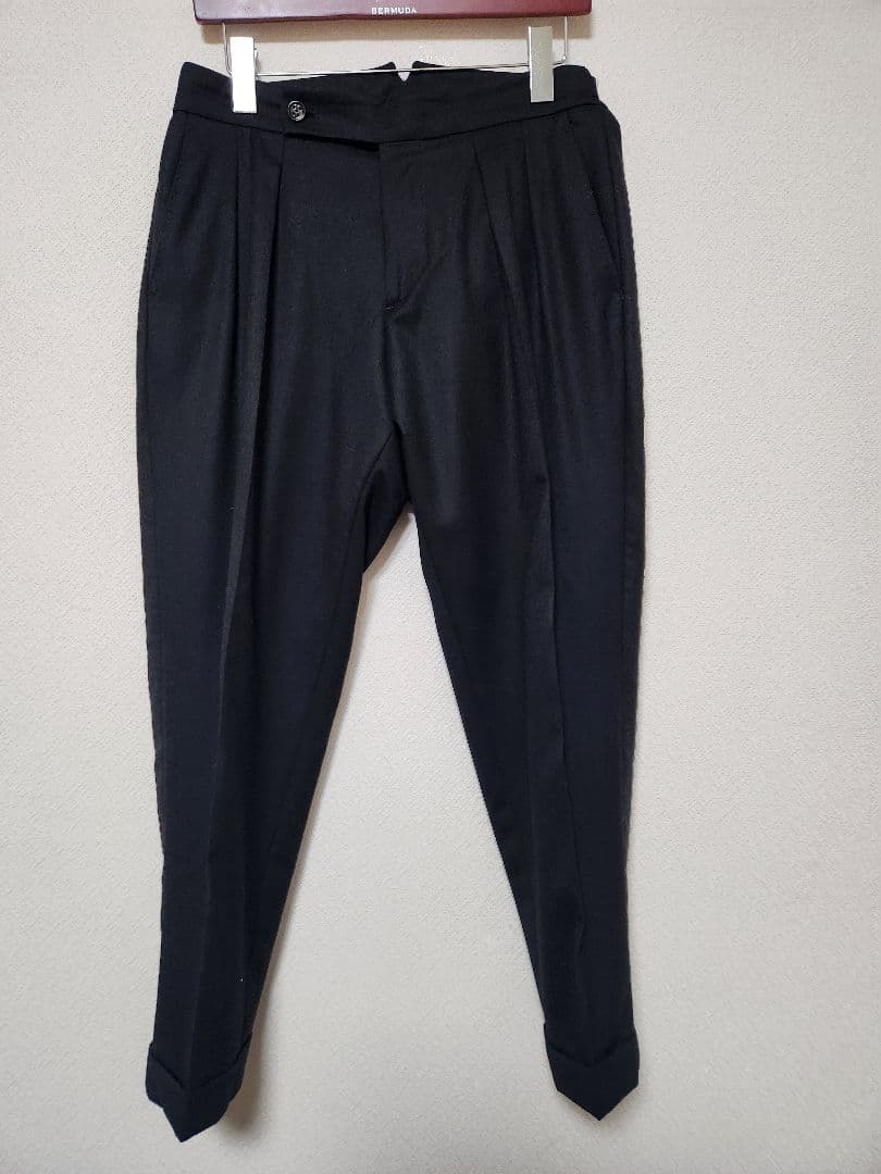 BERWICH 黒 スコッチ スラックス ダブルプリーツ