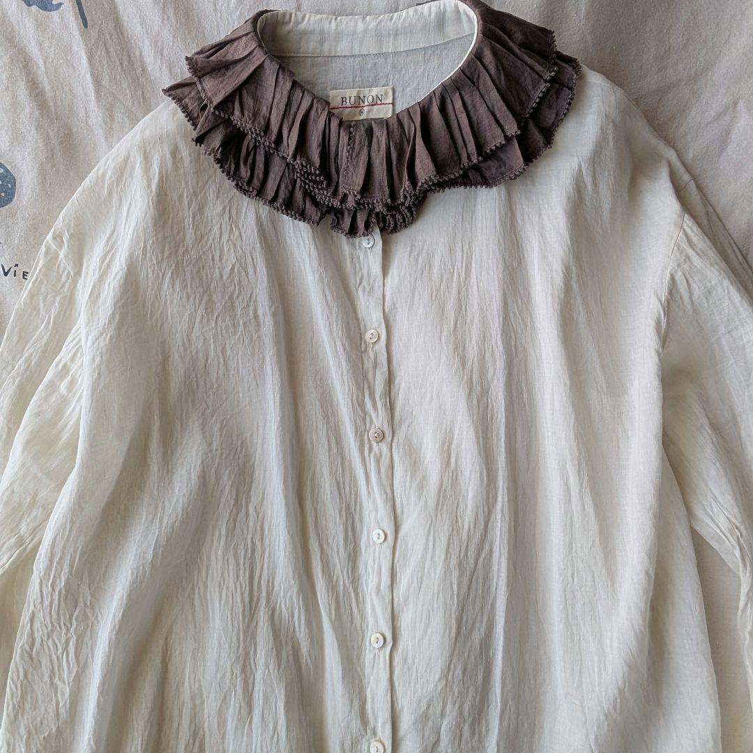 美品 ブノン BUNON フリルカラーブラウス 襟濃ブラウン