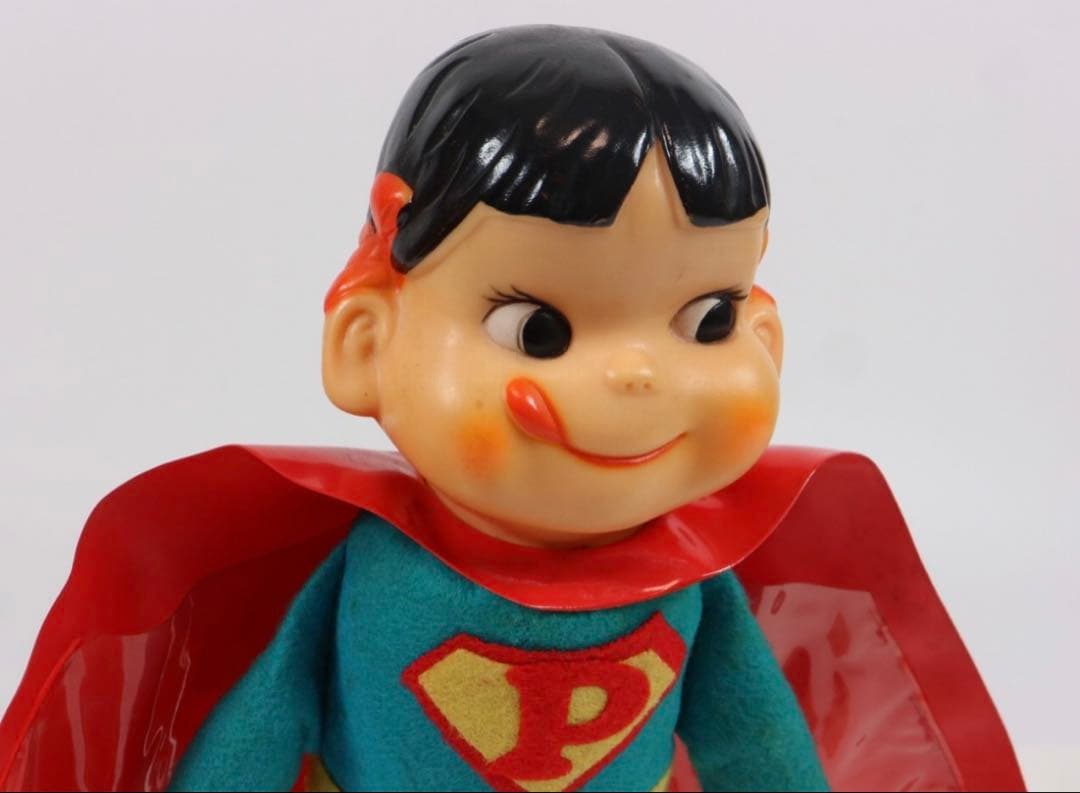 【〜1/23】不二家 ペコちゃん 当時もの　スーパーマン 26cm ソフビ 美品