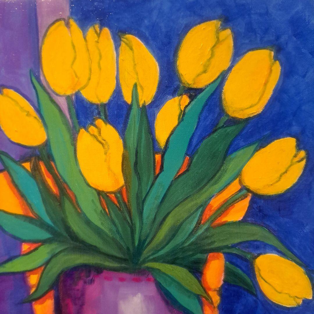 キャンバス油絵　黄色い椅子の上に置いた鉢植えの黄色いチューリップ他計2枚セット