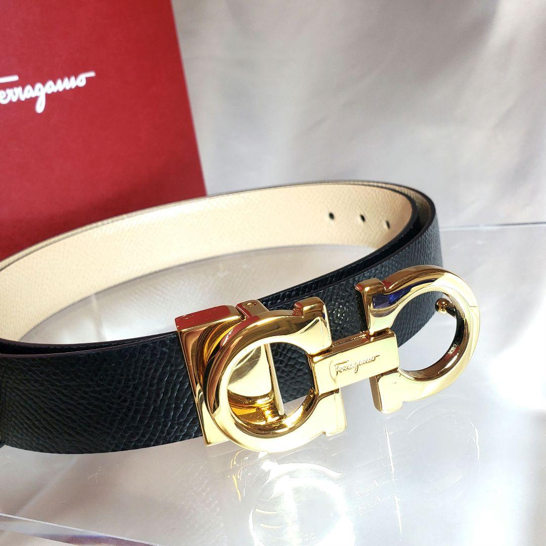 【美品】フェラガモ リバーシブル ベルトレザー 黒/ベージュk-030