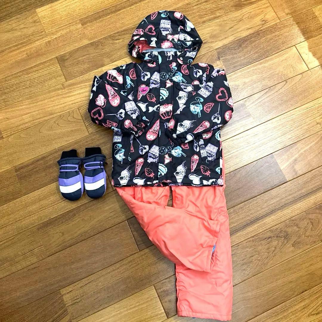 子供用スキーウェアセット　黒とピンク120 cm パープルグローブ15cm