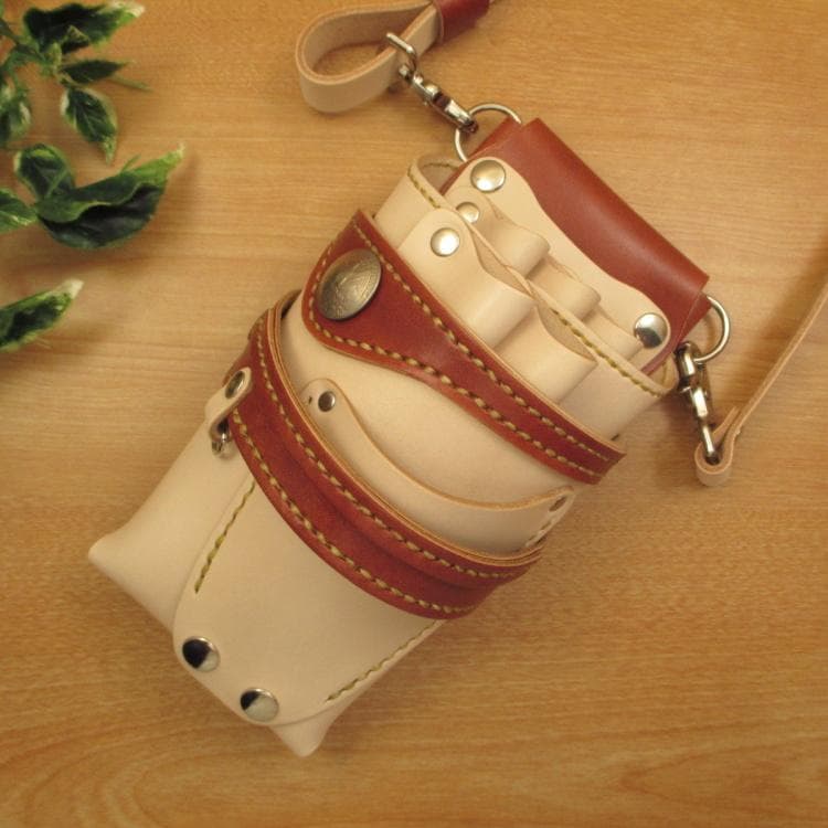 ヌメ革ナチュラル&茶色　５丁差し　革ベルト付　シザーケース　SCL-125/NL