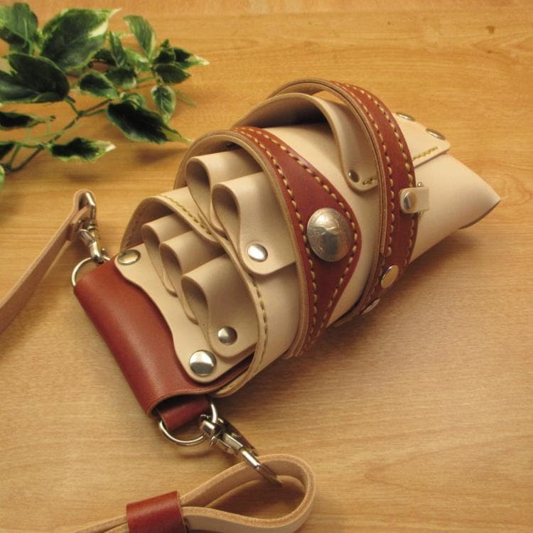 ヌメ革ナチュラル&茶色　５丁差し　革ベルト付　シザーケース　SCL-125/NL