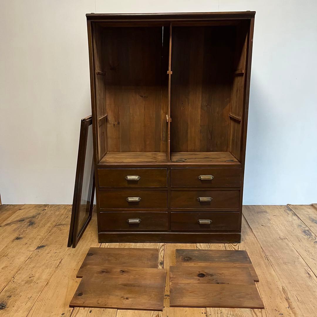 アンティーク ガラス戸棚 キャビネット 水屋箪笥 食器棚 本棚 y135