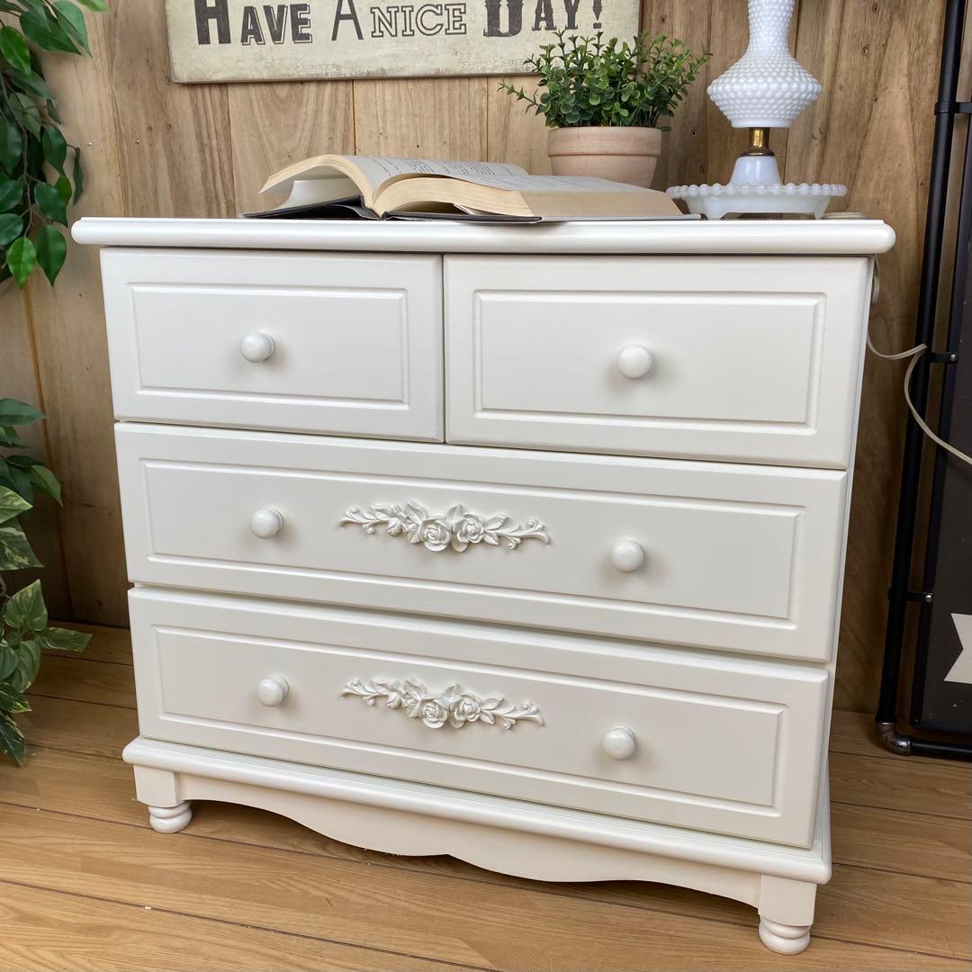 訳あり品！【137】フレンチ調ホワイトチェスト三段四つ引き木製収納家具姫系タンス