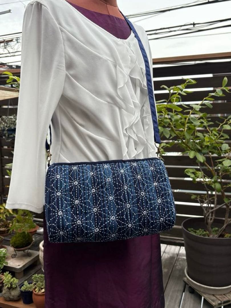 松阪もめん縞模様×刺し子のパッチワークキルト　ハンドメイドショルダーバッグ