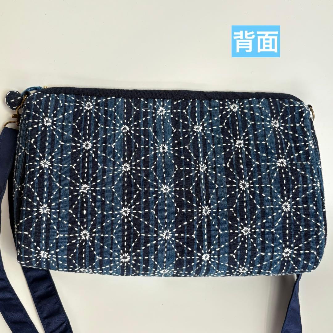 松阪もめん縞模様×刺し子のパッチワークキルト　ハンドメイドショルダーバッグ