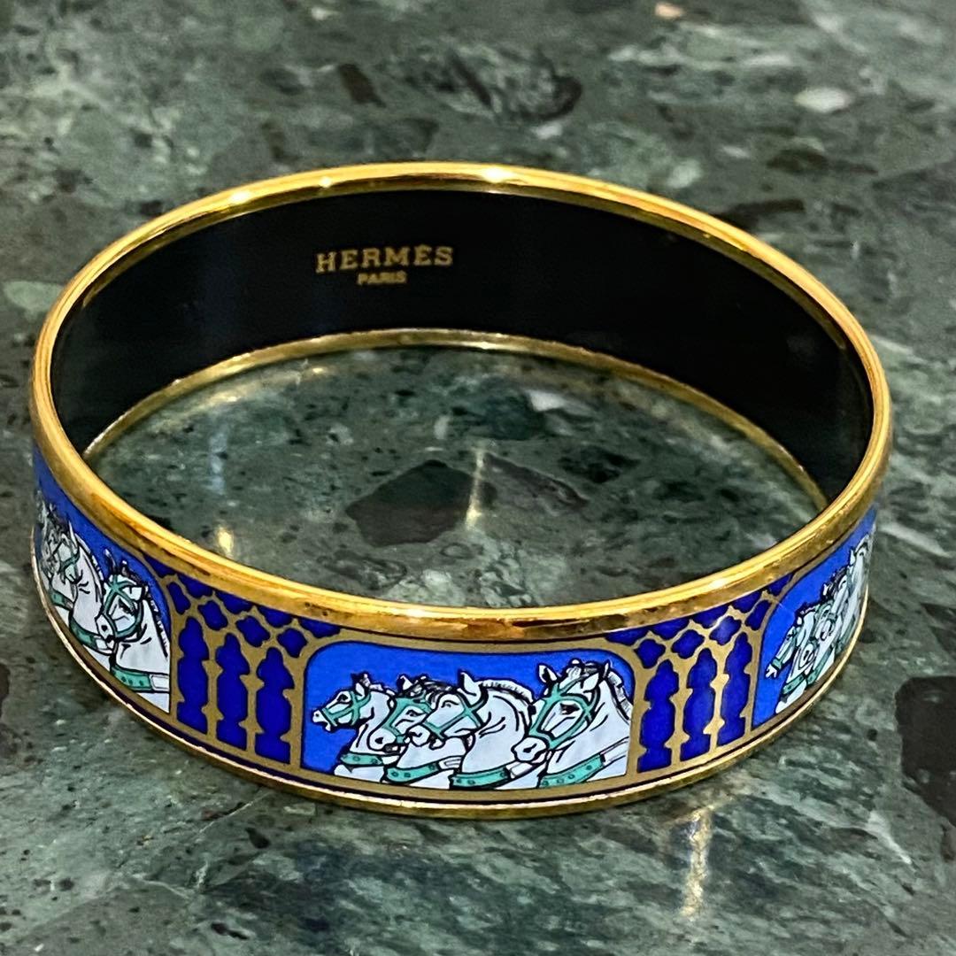 HERMES エマイユGM バングル 四頭馬 七宝焼 ゴールド×ブルー
