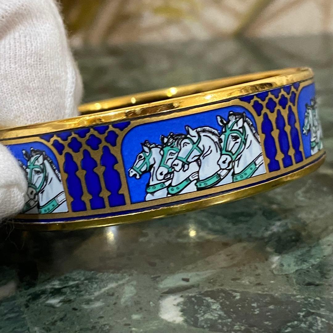 HERMES エマイユGM バングル 四頭馬 七宝焼 ゴールド×ブルー