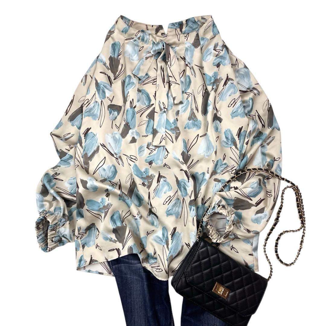 美品 トゥモローランド 近年 ブーゲンビリアプリント ボウタイギャザーブラウス