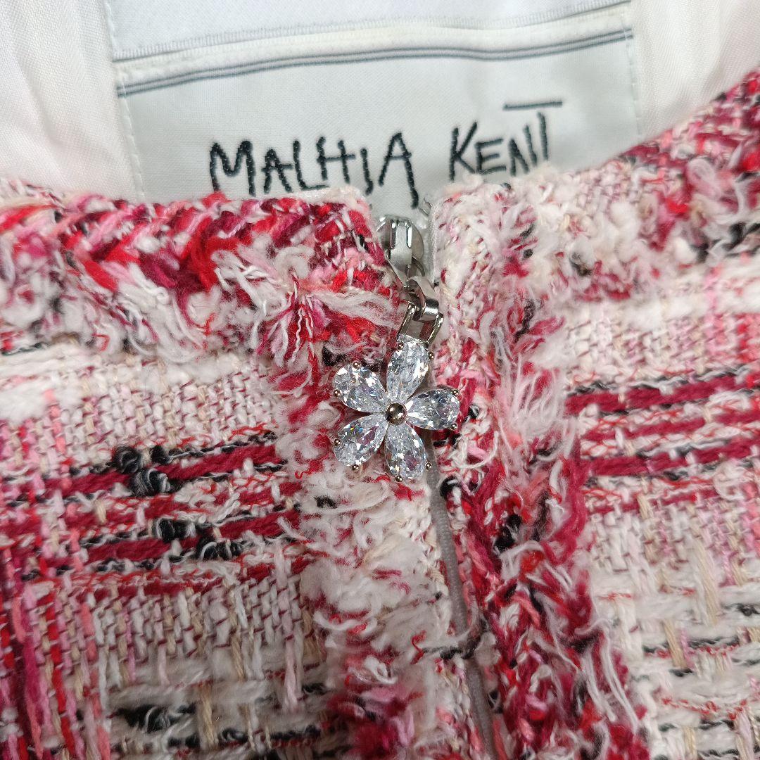 ルネ　マリアケント社製　ブローチ付 ツイードワンピース　ジルコニア パール 36