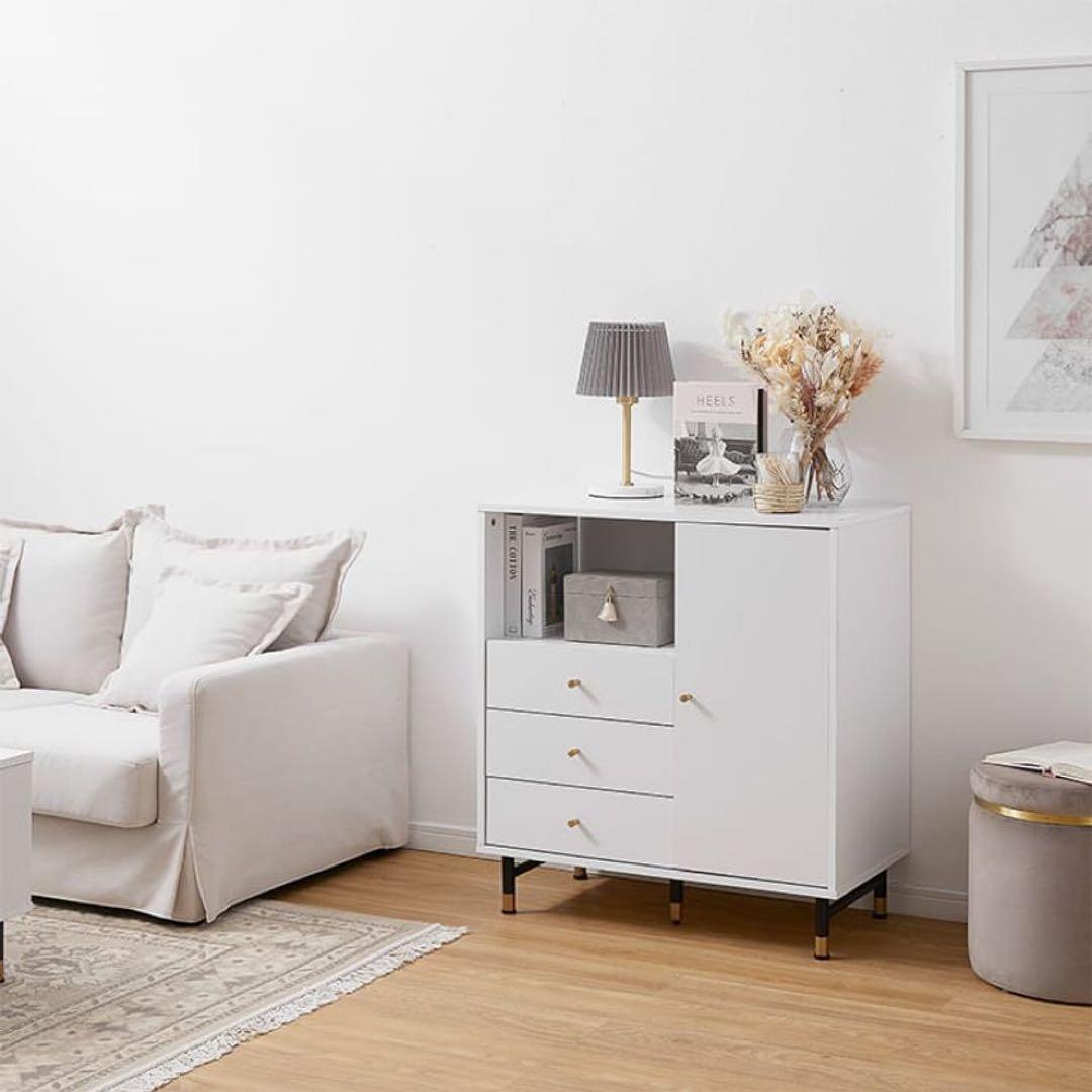 LOWYA サイドキャビネット サイドボード ホワイト×ゴールド