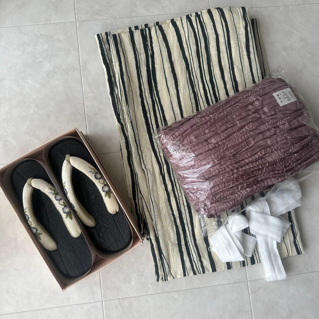 【一度着用のみ】レトロな縦縞浴衣5点セット