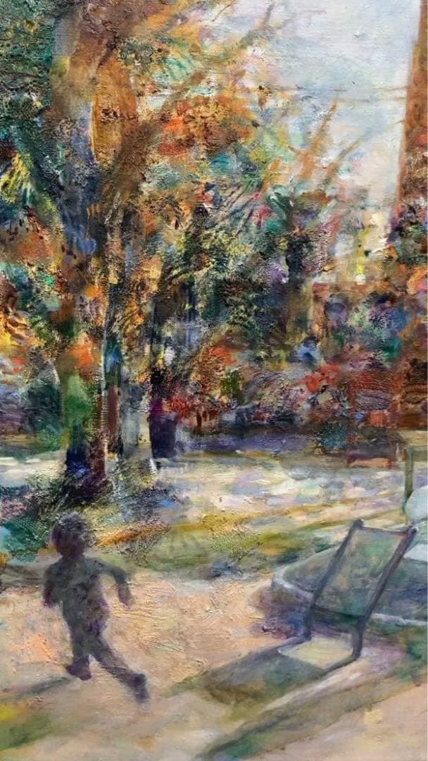 油絵　F30号　絵画　印象画　肉筆　油画　木漏れ日　広場　こどもたち　キャンバス