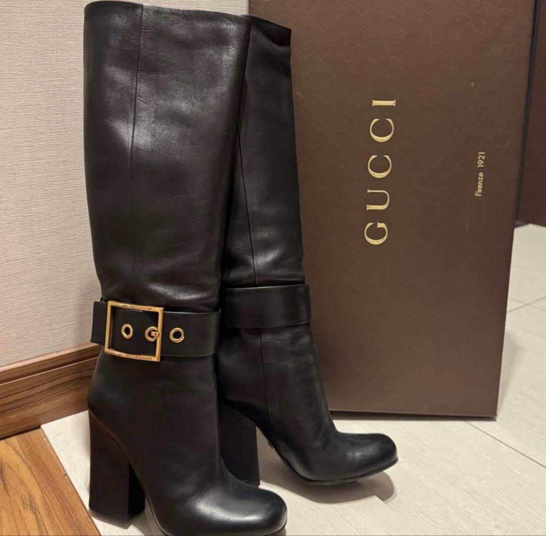 【美品】グッチ　ロングブーツ　ブラック　ロゴ　本革　レザー 37