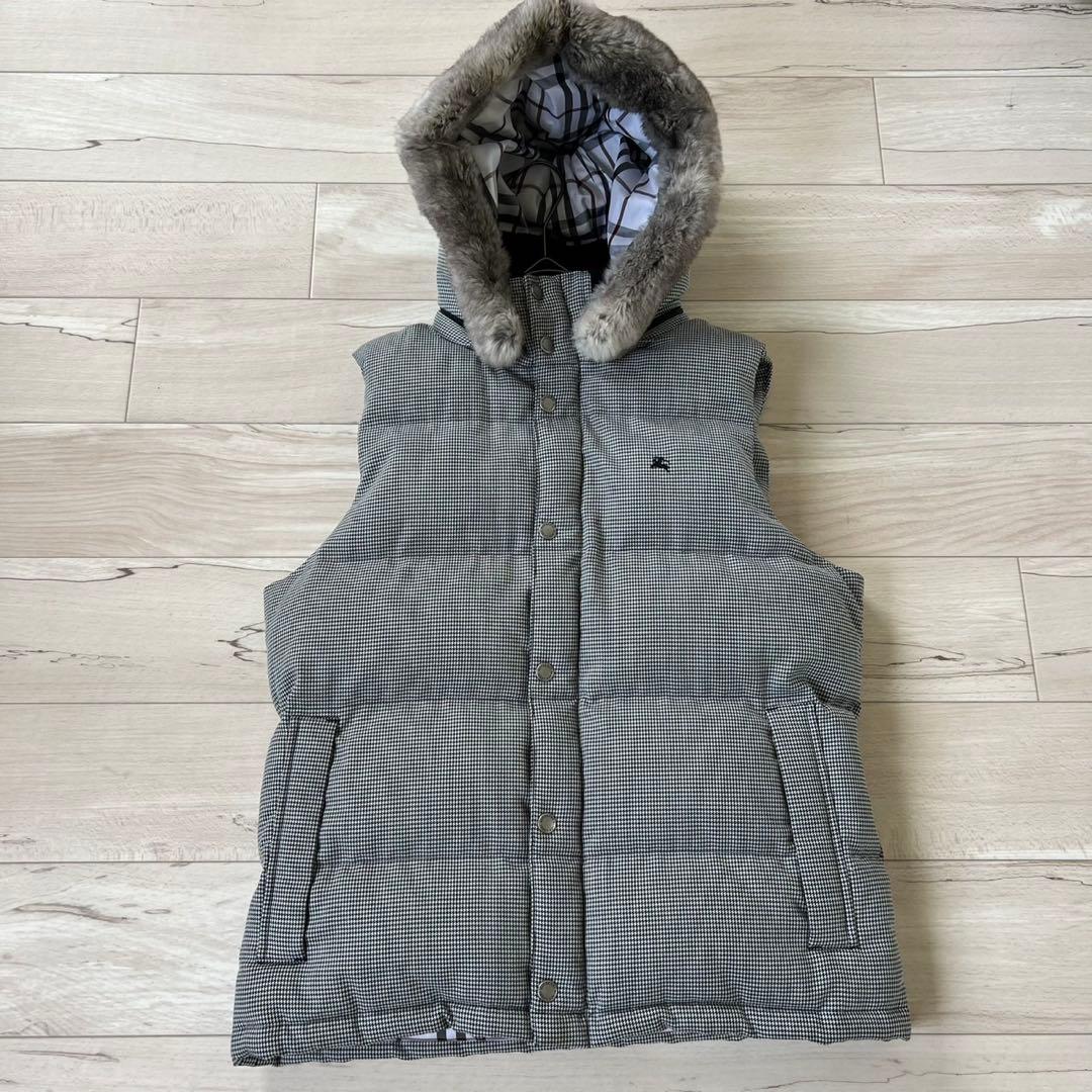 バーバリーブラックレーベル 千鳥 フード リアルファー ダウン ベスト L
