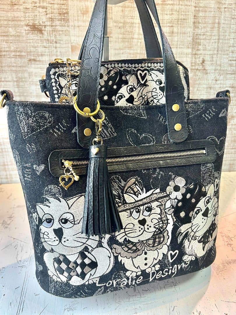 ロラライハリス♡ブラック英字デニム生地♡刺繍の楕円底バッグ♡長財布セット♡