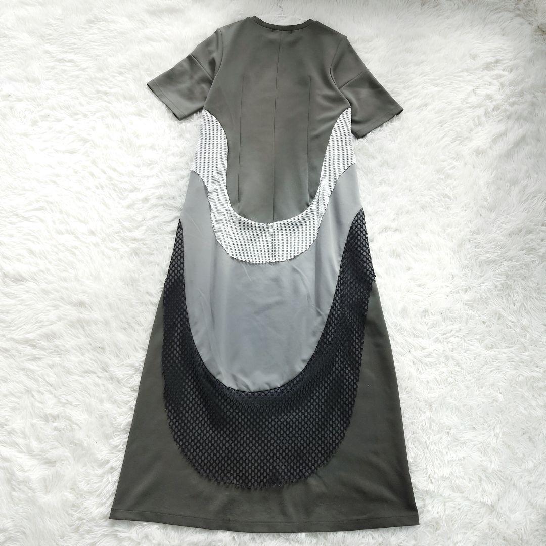 UN3D. 華やかカーブ 切替 メッシュデザイン ロング ワンピース M 半袖