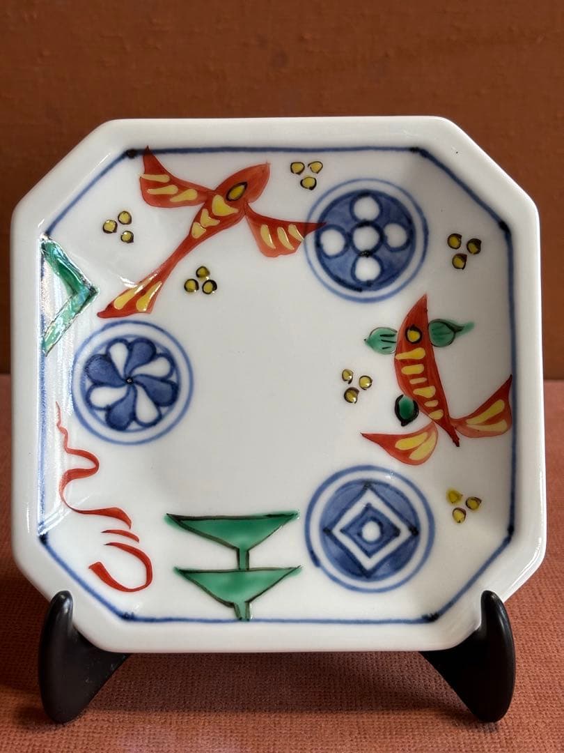 やまちゃん日本人初個展鬼才澤田痴陶人痴銘作色絵魚宗達草文八角皿　一品物